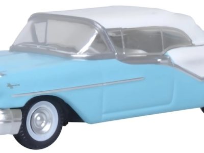 Oxford Diecast 87OC57002 Oldsmobile 88 Convertible Car 1957 (RoofUp) Banff Blue/Alcan White 1/87 scale