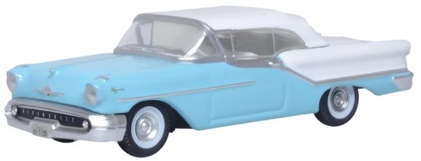 Oxford Diecast 87OC57002 Oldsmobile 88 Convertible Car 1957 (RoofUp) Banff Blue/Alcan White 1/87 scale